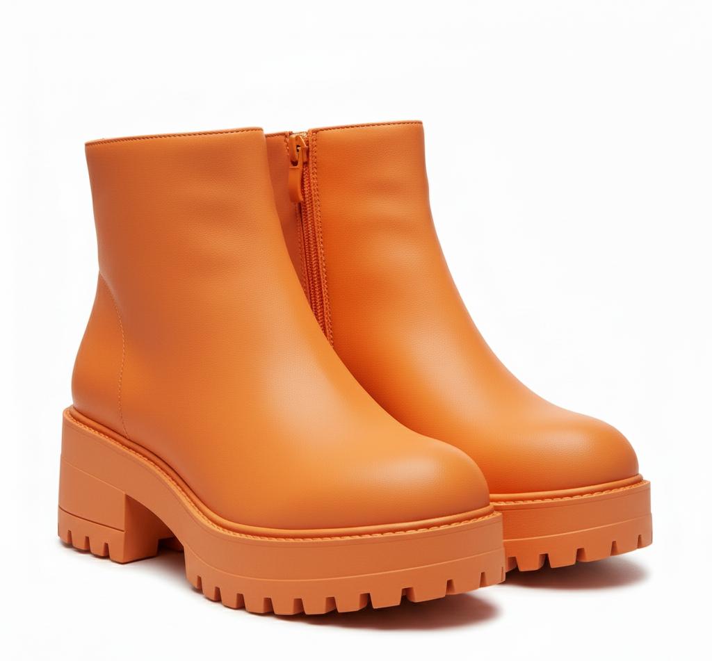 Bright orange synthetic women's platform ankle boots with chunky lug soles and side zippers.