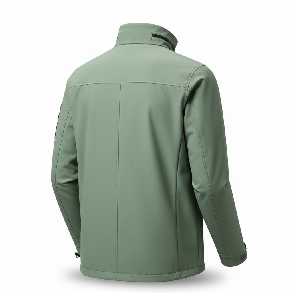 Men's modern sage green outdoor jacket with stand-up collar and practical pockets.
