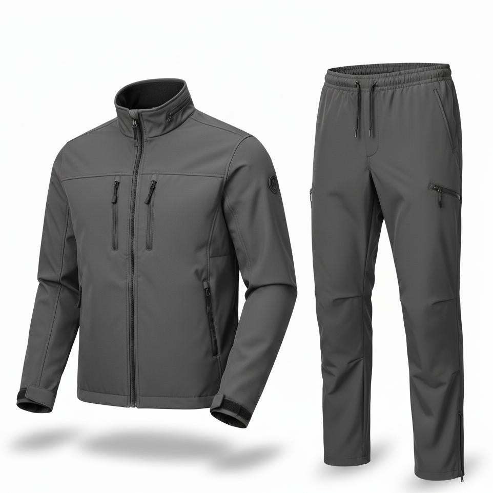 Men's dark gray softshell hiking and camping set with jacket and pants, multiple zippered pockets.