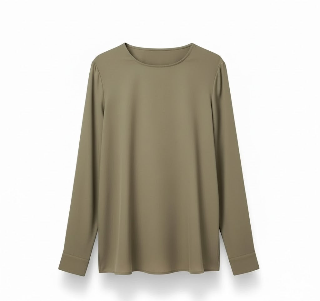 Olive green women's long-sleeve blouse with a round neck and relaxed fit.
