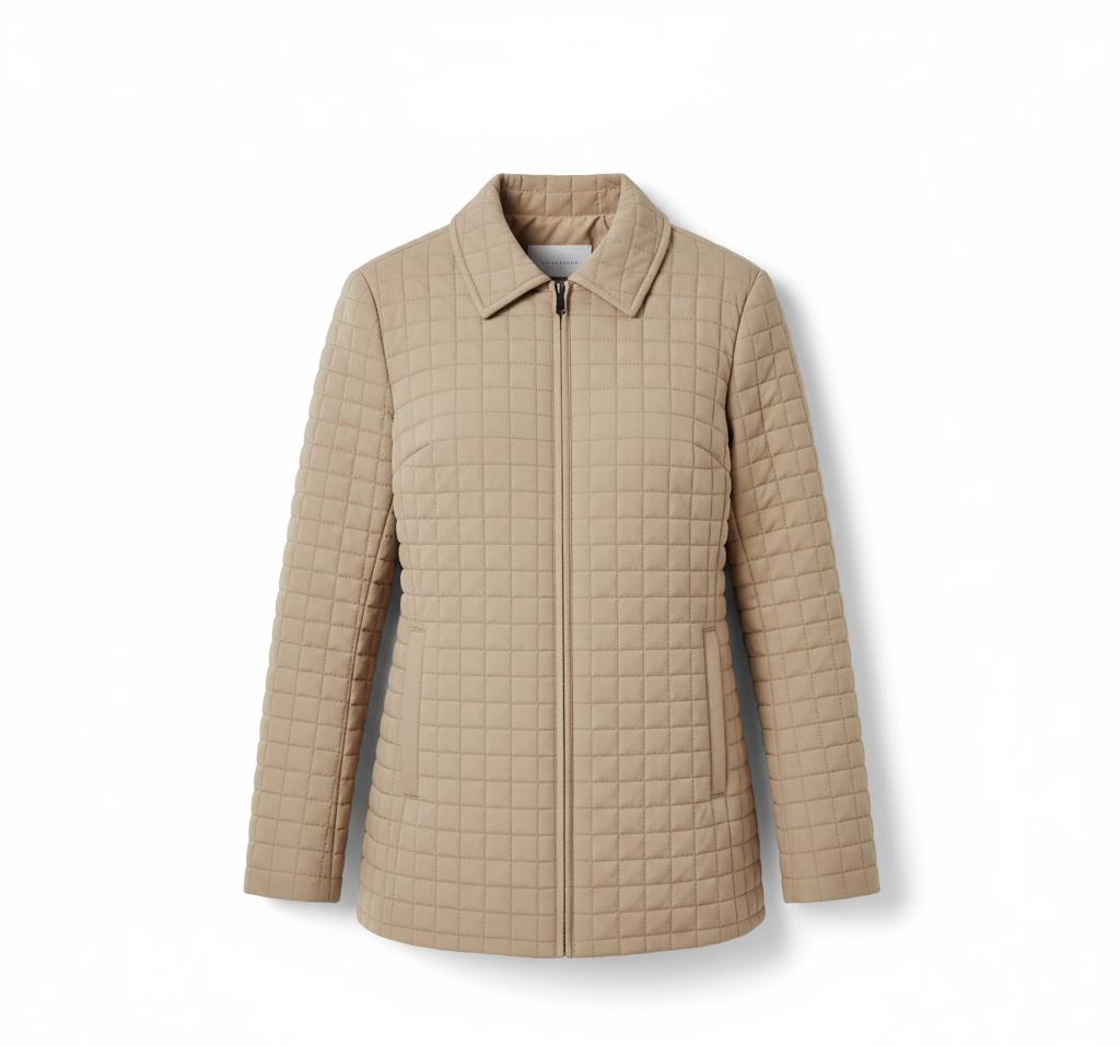 Beige women's quilted winter jacket with structured silhouette, regular quilting, zip closure, and side pockets.