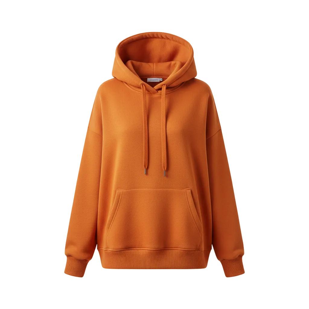 Orange women's winter hoodie with drawstring, kangaroo pocket, and ribbed cuffs.