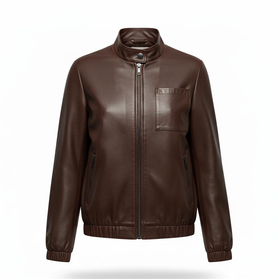 Brown faux leather women's bomber jacket with a classic collar, full-zip closure, and chest pocket.
