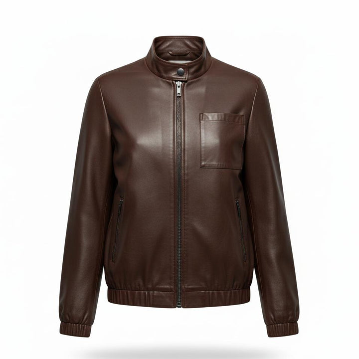 Brown faux leather women's bomber jacket with a classic collar, full-zip closure, and chest pocket.