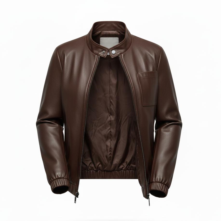 Brown faux leather women's jacket with classic collar, full zip closure, and elasticized hem.