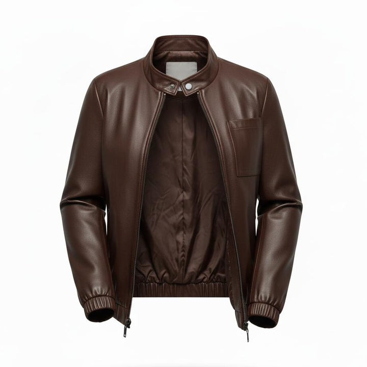 Brown faux leather women's jacket with classic collar, full zip closure, and elasticized hem.