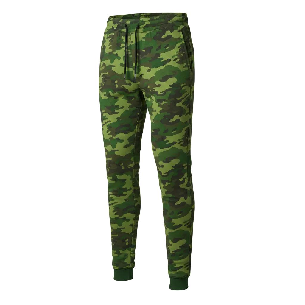 Men's slim-fit green camouflage joggers with drawstring waist and ankle cuffs.