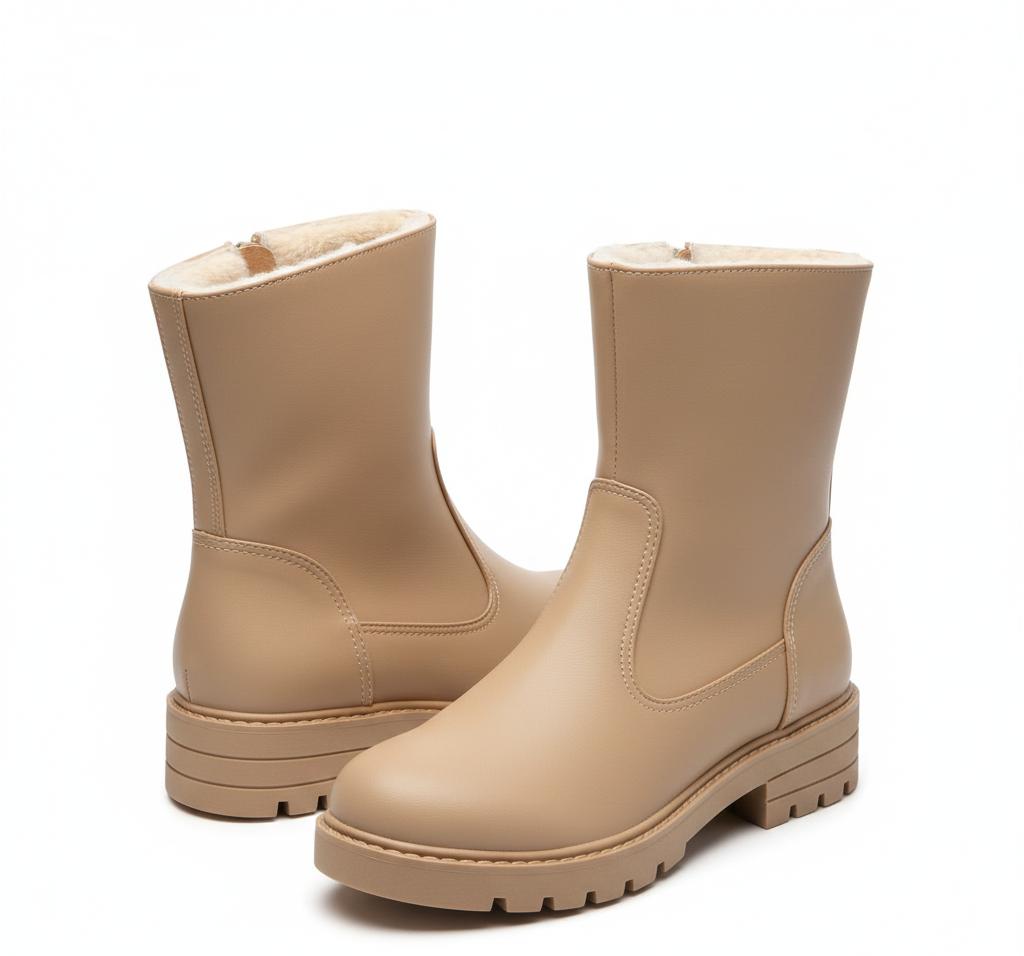 Beige women's winter boots with faux fur lining, chunky rubber soles, and side zippers.