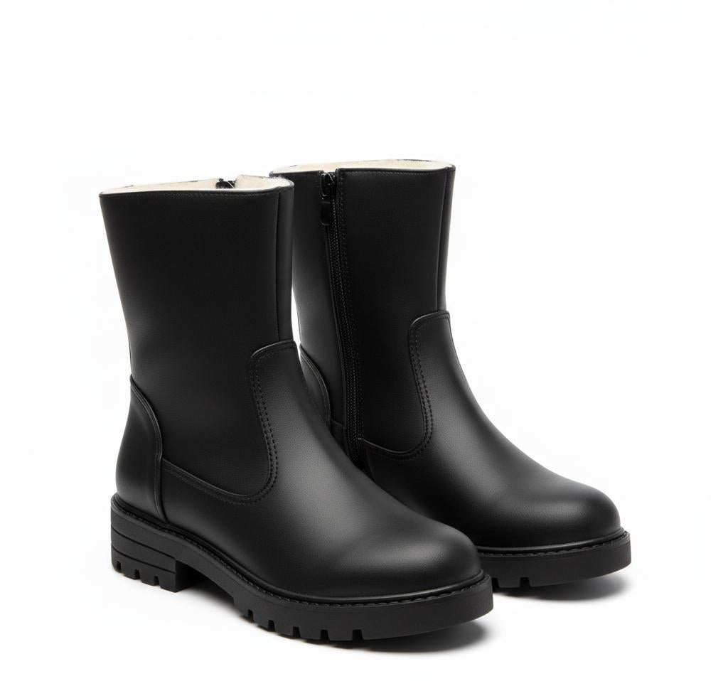 Black women's winter boots with faux fur lining, side zipper, and chunky rubber sole.