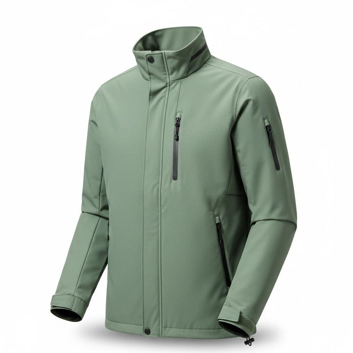 Men's modern sage green outdoor jacket with stand collar, front zipper, and multiple zippered pockets.