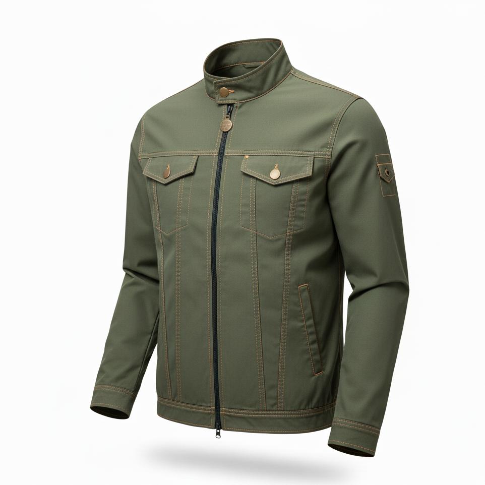 Men's olive green summer jacket with a stand collar, front zip, and two chest pockets.