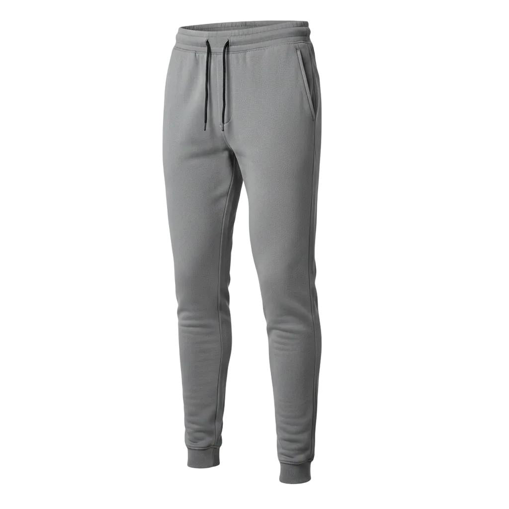 Men's modern grey joggers with black drawstring, elastic cuffs, and side pockets.