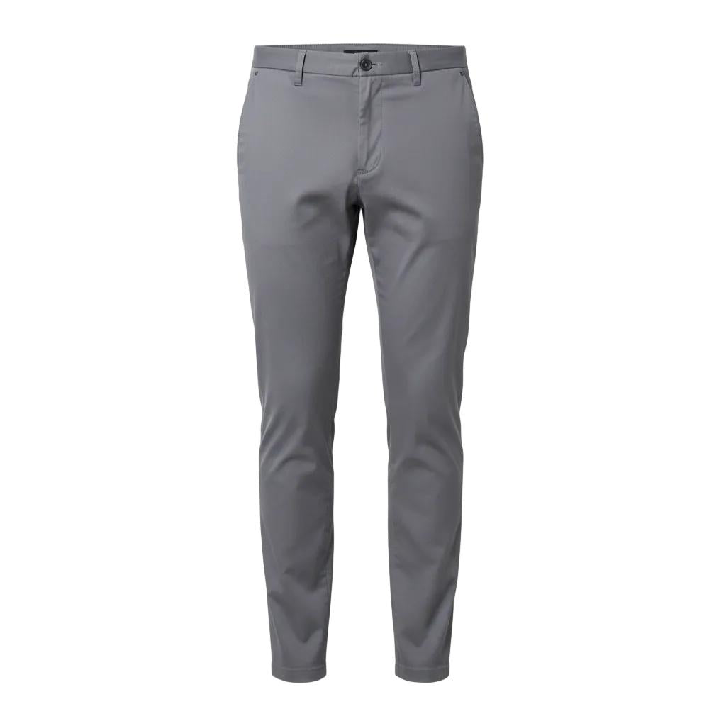 Men's elegant grey slim fit chino pants with a tapered leg and discrete stitching.