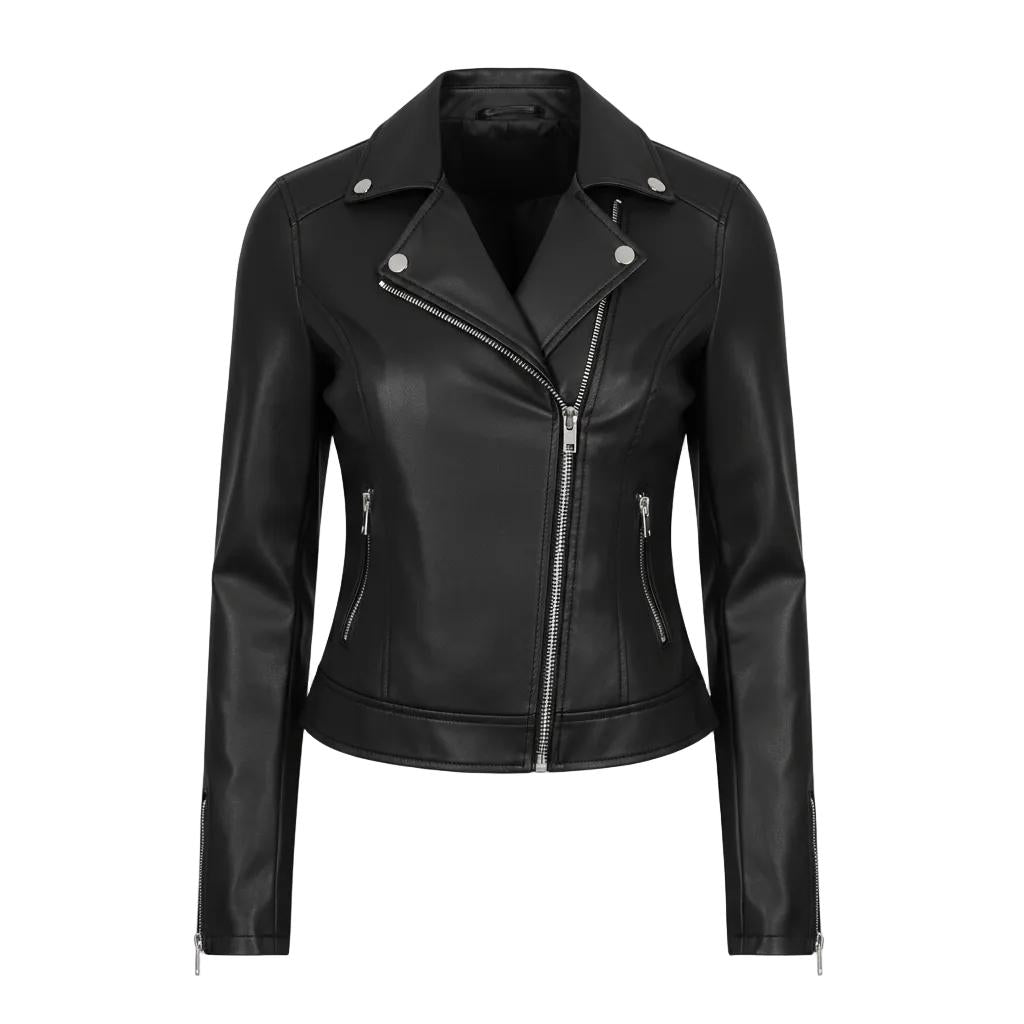 Black slim-fit women's biker jacket with silver zippers, structured seams, and a notched collar.
