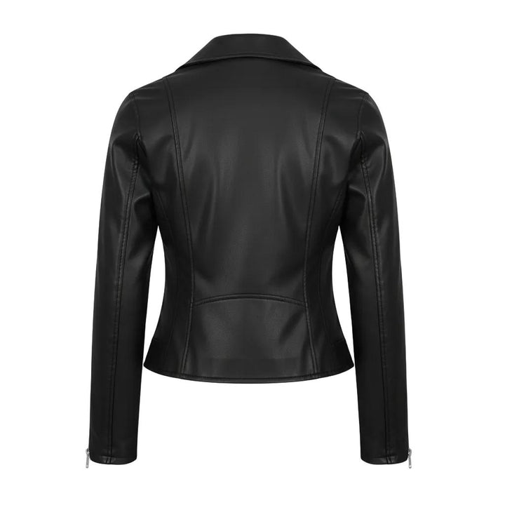 Black slim-fit women's biker jacket with structured seams and zipper details on cuffs.