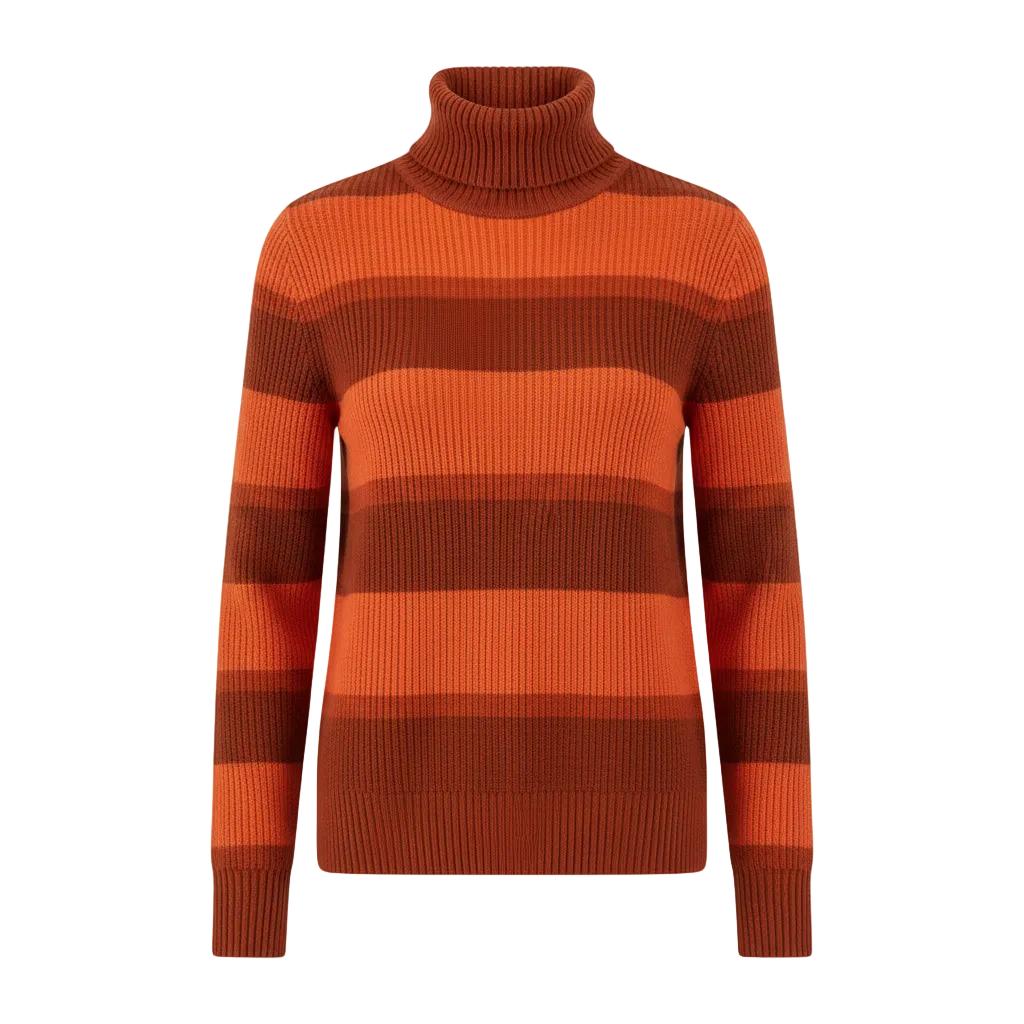 Women's orange and brown striped turtleneck sweater with long sleeves.