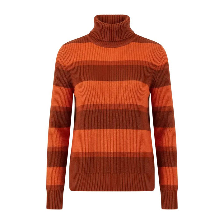 Women's orange and brown striped turtleneck sweater with long sleeves.