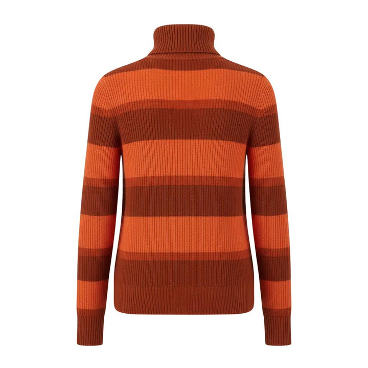 Women's orange striped turtleneck sweater with ribbed texture.