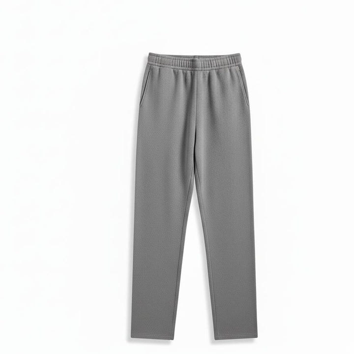Men's gray textured cotton blend sweatpants with elastic waist and pockets.