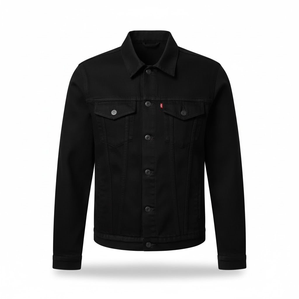 Men's classic black denim jacket with front button closure, chest pockets, and long sleeves.