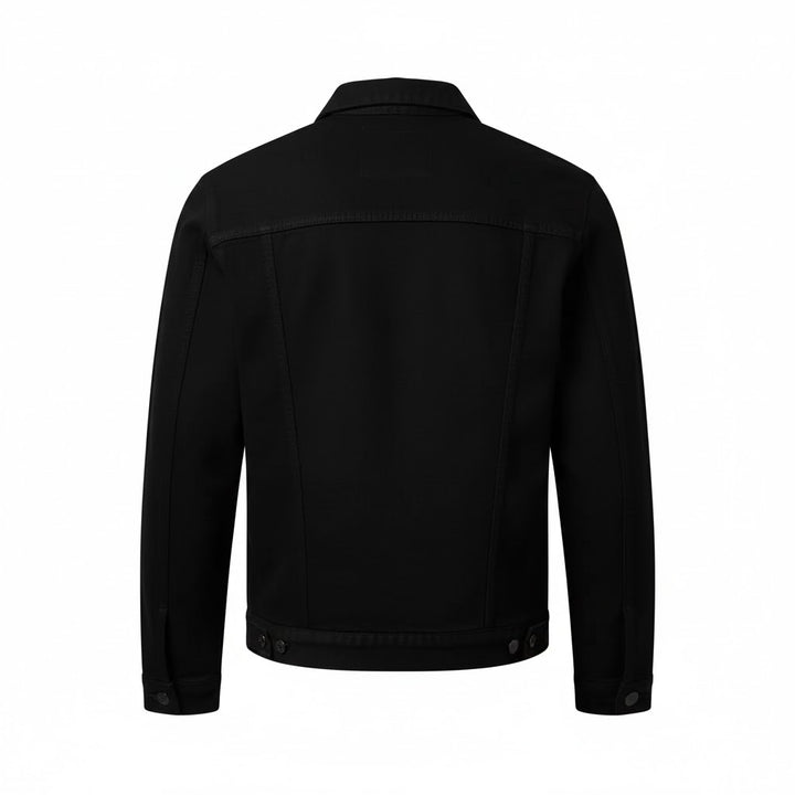 Men's classic black denim jacket with long sleeves and straight cut, back view.