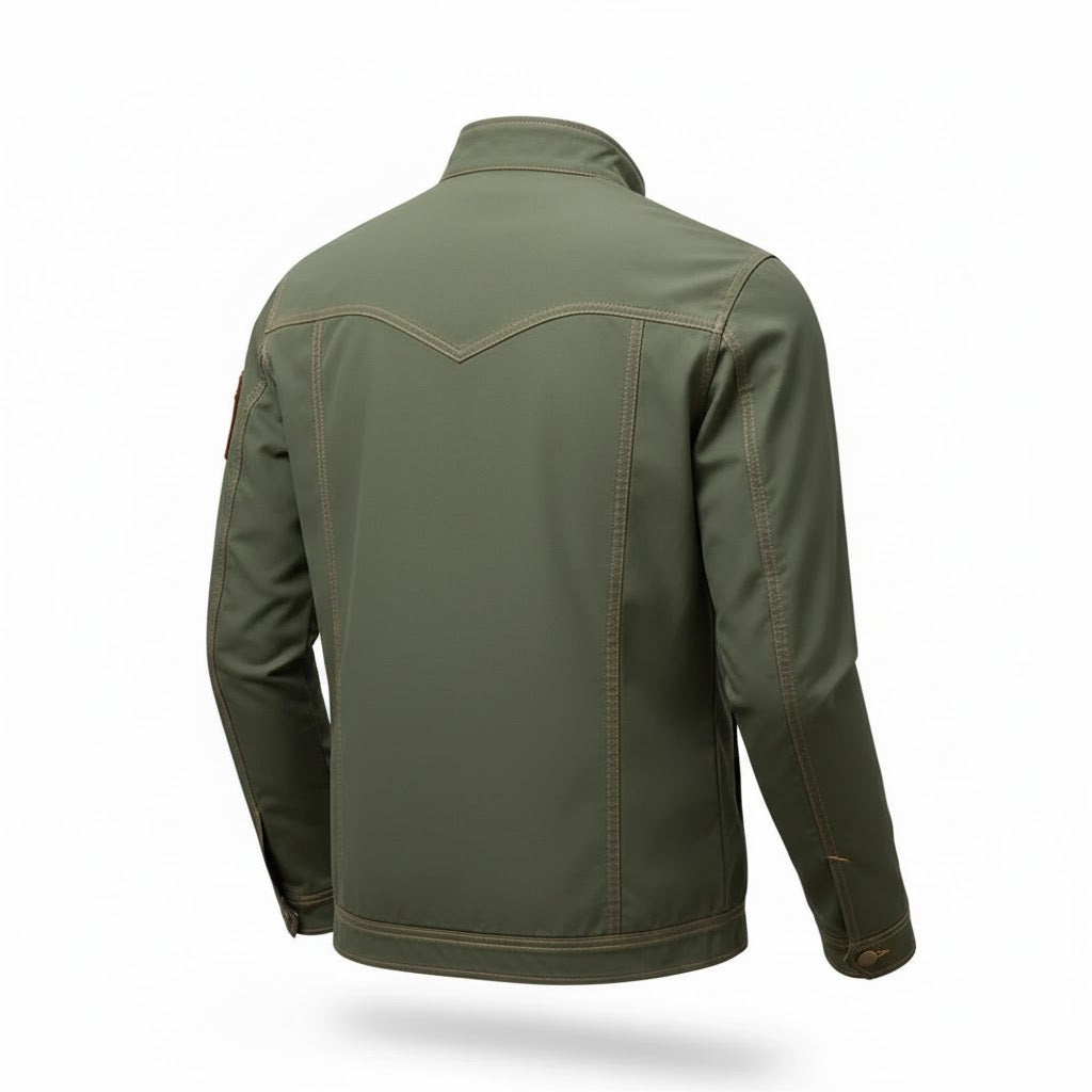 Men's olive green summer jacket with full zip, stand collar, and decorative stitching.