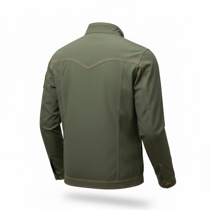 Men's olive green summer jacket with full zip, stand collar, and decorative stitching.