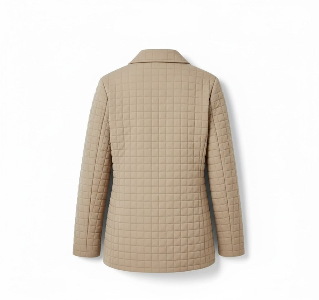 Back view of a structured beige women's quilted winter jacket with regular square stitching.