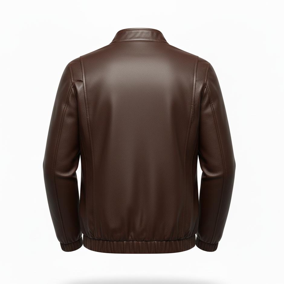 Brown faux leather bomber jacket with a classic collar and elasticized hem, shown from the back.