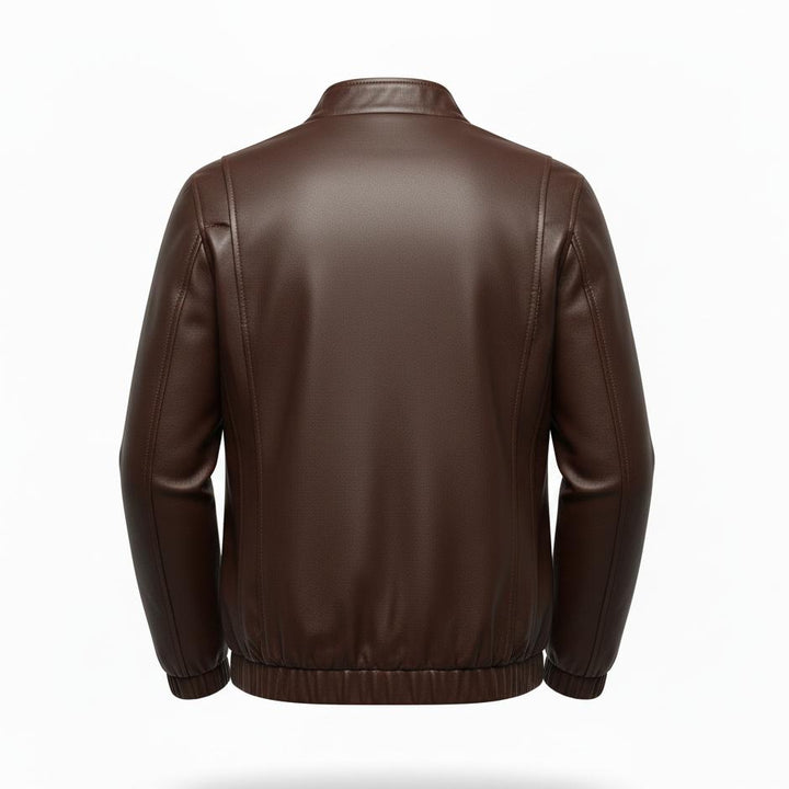 Brown faux leather bomber jacket with a classic collar and elasticized hem, shown from the back.