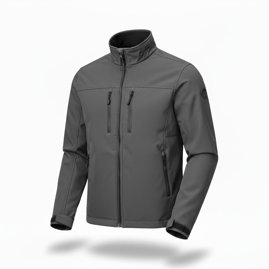 Men's gray softshell hiking jacket with multiple zippered pockets and adjustable cuffs.