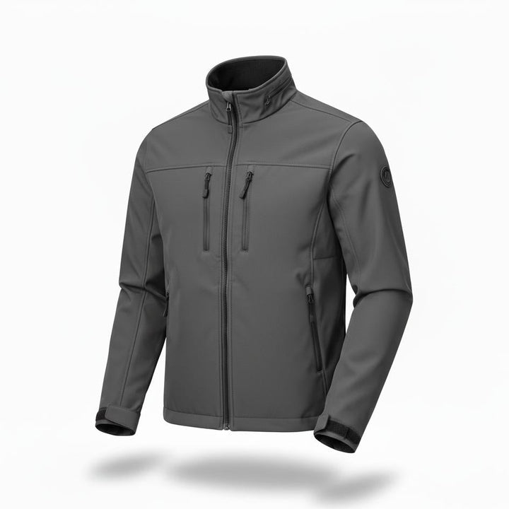 Men's gray softshell hiking jacket with multiple zippered pockets and adjustable cuffs.