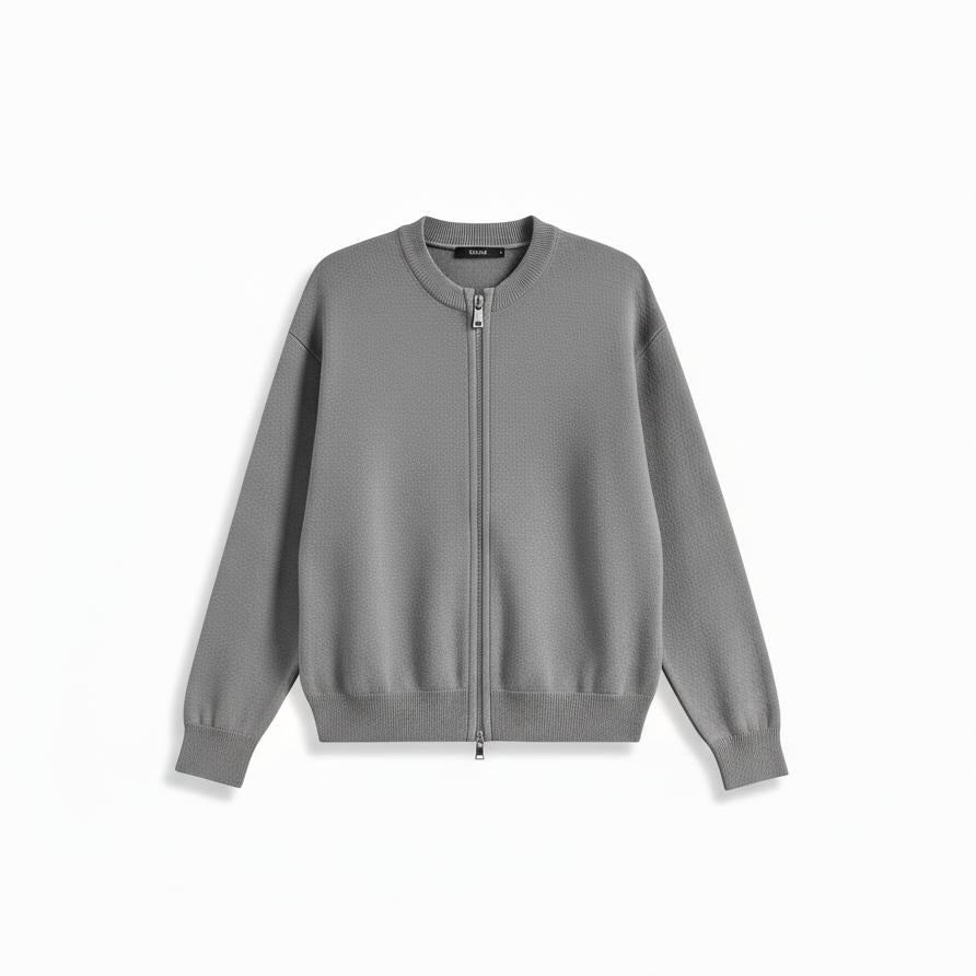 Men's grey full-zip long-sleeve sweater with textured knit fabric and ribbed cuffs.