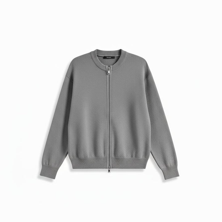 Men's grey full-zip long-sleeve sweater with textured knit fabric and ribbed cuffs.