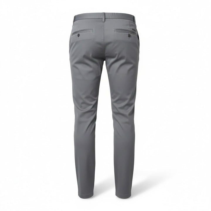 Men's grey slim fit chino pants with tapered leg and buttoned back pockets.