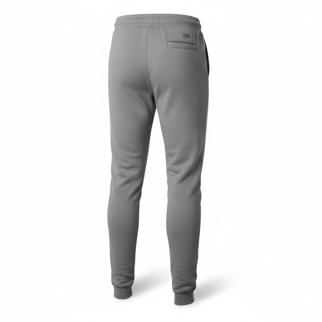 Men's modern style grey sweatpants with elastic waist, functional pockets, and ribbed cuffs.