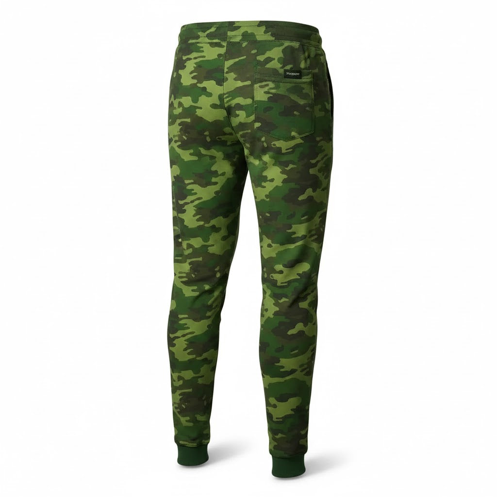 Men's slim-fit green camouflage sweatpants with ankle cuffs and elastic waistband.