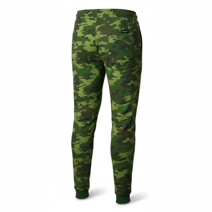 Men's slim-fit green camouflage sweatpants with ankle cuffs and elastic waistband.