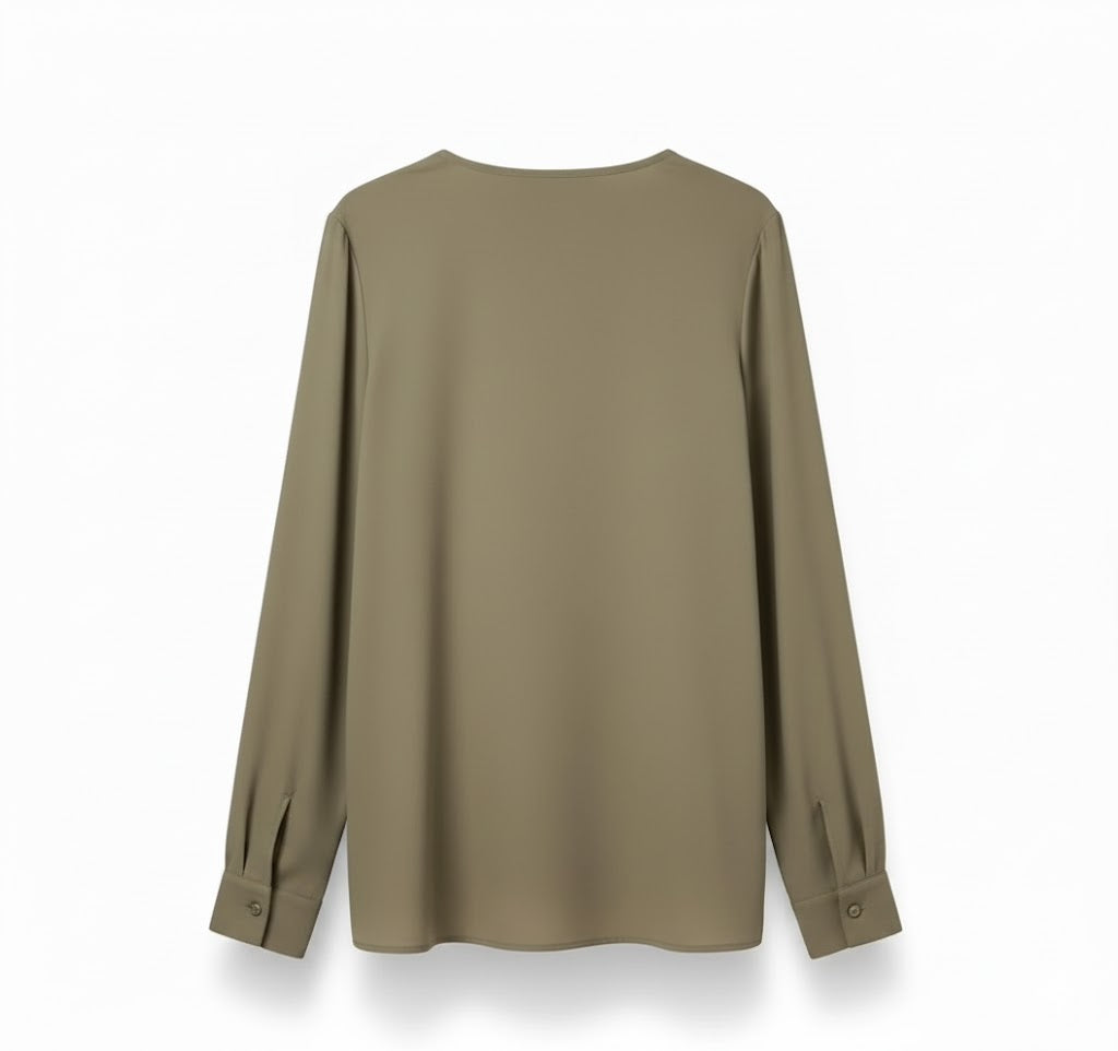 Olive green women's long-sleeve blouse with a round neck and buttoned cuffs.