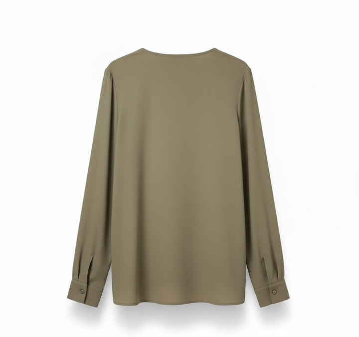 Olive green women's long-sleeve blouse with a round neck and buttoned cuffs.