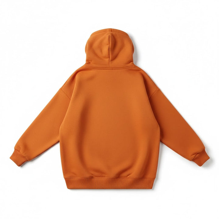 Orange women's winter hoodie with adjustable hood, long sleeves, and ribbed cuffs, back view.